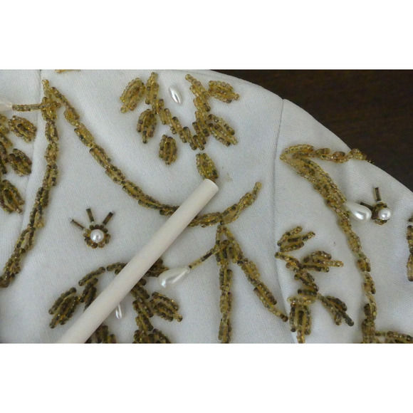 Vtg Macy's 60s Ivory Gold Beaded Top 10 Pearl Drop Tassel Deco Hong Kong - Picture 13 of 13